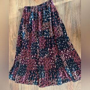 Floral Patchwork Pleated Midi Skirt - Black & Burgundy